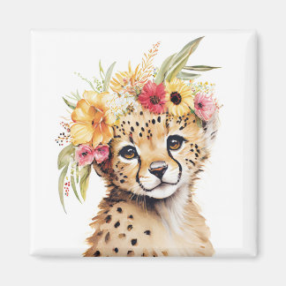 Cheetah Flower Crown Art Waterverf Safari Wild Magneet