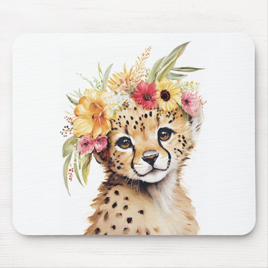 Cheetah Flower Crown Art Waterverf Safari Wild Muismat (Voorkant)