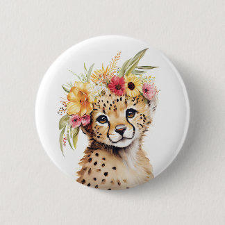 Cheetah Flower Crown Art Waterverf Safari Wild Ronde Button 5,7 Cm