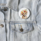 Cheetah Flower Crown Art Waterverf Safari Wild Ronde Button 5,7 Cm (In situ)