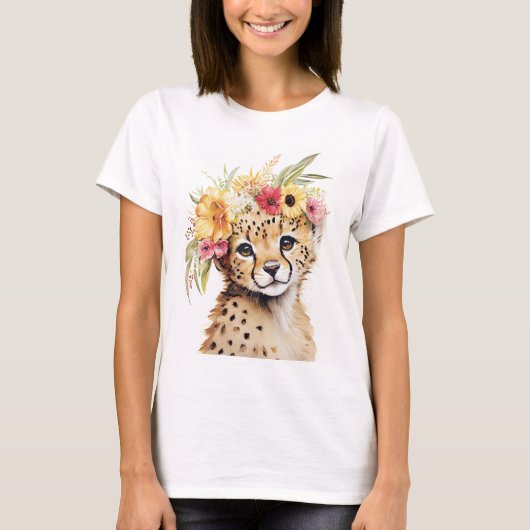 Cheetah Flower Crown Art Waterverf Safari Wild T-shirt (Voorkant)