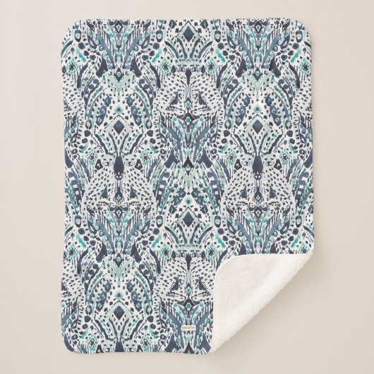 CHEETAH FRIEND Ikat Tribal Indigo Blauw Sherpa Deken (Voorkant)