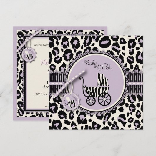 Cheetah Girl Invitation Square Lila Kaart (Voorkant / Achterkant)