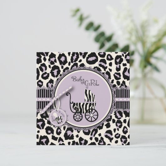Cheetah Girl Invitation Square Lila Kaart (Staand voorkant)