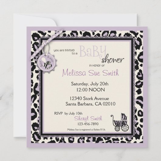 Cheetah Girl Invitation Square Lila Kaart (Achterkant)