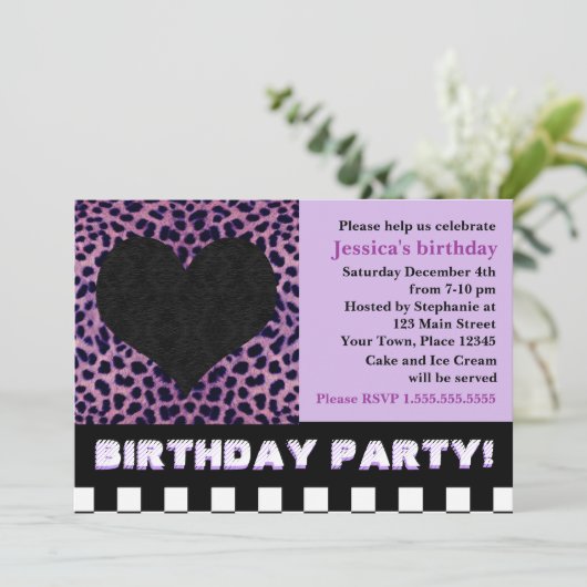 Cheetah Heart Birthday Party - Paars Kaart (Staand voorkant)