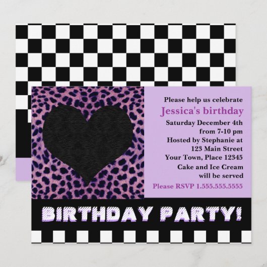 Cheetah Heart Birthday Party - Paars Kaart (Voorkant / Achterkant)
