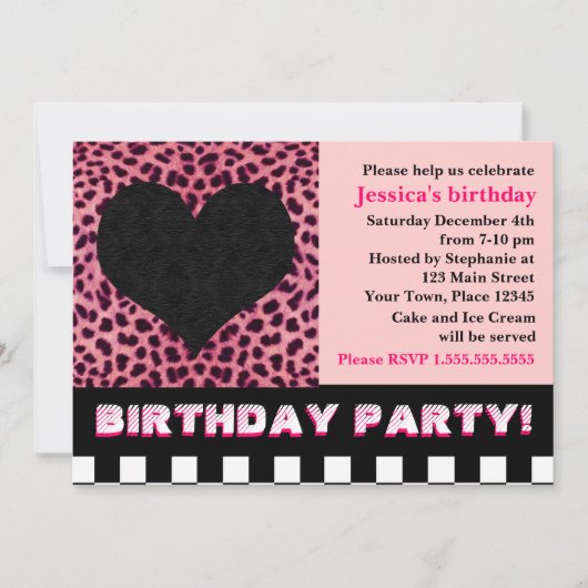 Cheetah Heart Birthday Party - Roze Kaart (Voorkant)