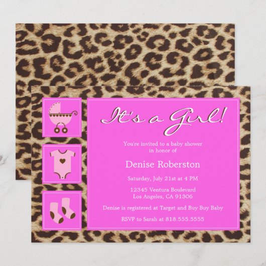 Cheetah - Het is een meisje! - Uitnodiging tot Bab (Voorkant / Achterkant)