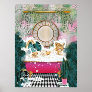 Cheetah in Bad, Dierlijke Badkamer Wandkunst Poster
