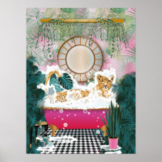 Cheetah in Bad, Dierlijke Badkamer Wandkunst Poster