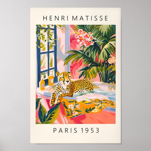 Cheetah in bad Grappig Poster, Mid Century Print (Voorkant)