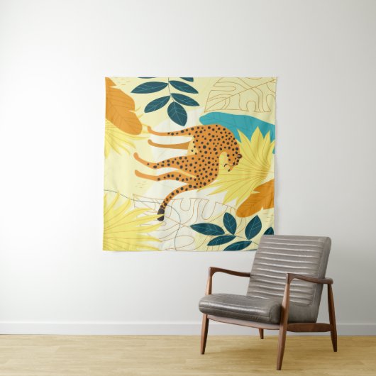 Cheetah kleurrijke tropische bladeren behangselpap wandkleed (In Situ (horizontaal))