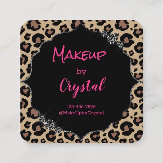 Cheetah Leopard Diamond Pink Sparkle Glimmer Vierkante Visitekaartje (Voorkant)