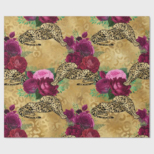 Cheetah Leopard Red Rose Floral Flower Pattern Cadeaupapier (Vlak)