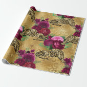 Cheetah Leopard Red Rose Floral Flower Pattern Cadeaupapier (Uitgerold)