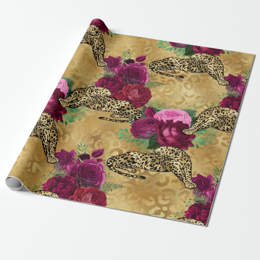Cheetah Leopard Red Rose Floral Flower Pattern Cadeaupapier (Uitgerold)