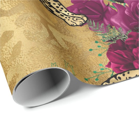Cheetah Leopard Red Rose Floral Flower Pattern Cadeaupapier (Rol Hoek)