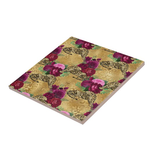 Cheetah Leopard Red Rose Floral Flower Pattern Tegeltje (Zijkant)