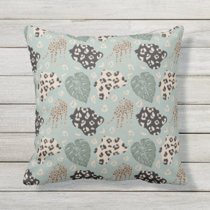 Cheetah Monstera Patroon Groen Beige Zwart Buitenkussen
