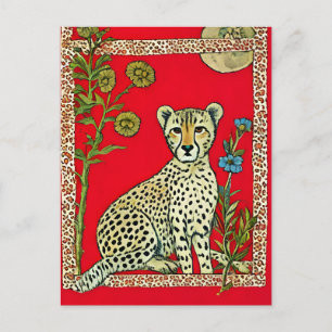 Cheetah op een rode achtergrond met bloemen briefkaart