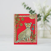 Cheetah op een rode achtergrond met bloemen briefkaart (Staand voorkant)