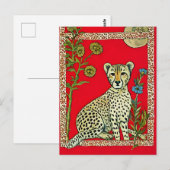 Cheetah op een rode achtergrond met bloemen briefkaart (Voorkant / Achterkant)