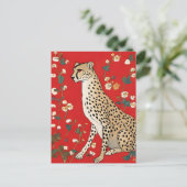 Cheetah op een rode achtergrond met bloemen briefkaart (Staand voorkant)