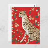Cheetah op een rode achtergrond met bloemen briefkaart (Voorkant / Achterkant)