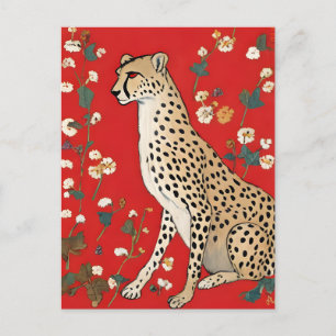 Cheetah op een rode achtergrond met bloemen briefkaart