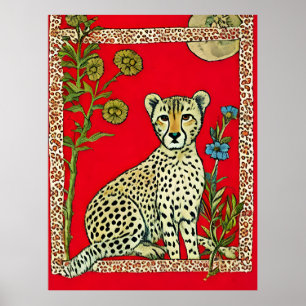 Cheetah op een rode achtergrond met bloemen poster