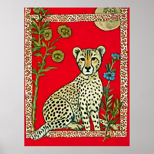 Cheetah op een rode achtergrond met bloemen poster (Voorkant)