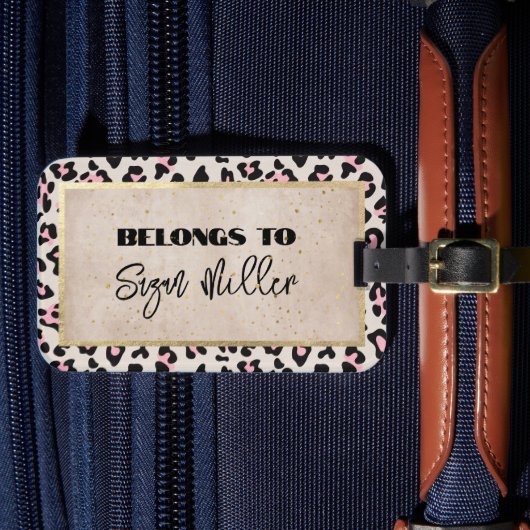 Cheetah Patroon en gouden Vintage Bagagelabel (Voorkant Insitu 4)