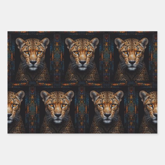 Cheetah portret gezet op mozaïek zwart inpakpapier vel (Voorkant 3)