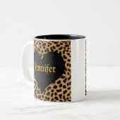 Cheetah Print Black Heart - aangepaste naam Tweekleurige Koffiemok (Voorkant links)