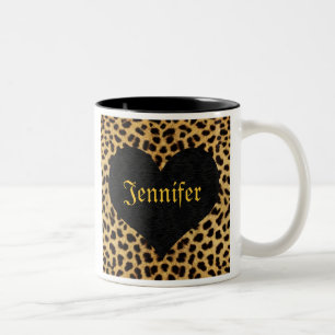 Cheetah Print Black Heart - aangepaste naam Tweekleurige Koffiemok