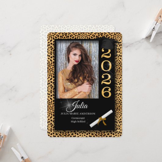 Cheetah Print Class of 2023 Afstuderen Invitation Kaart (Voorkant / Achterkant in situ)
