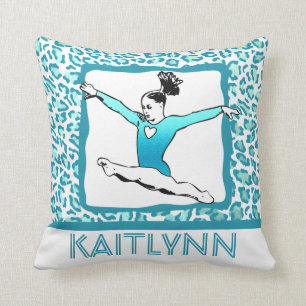 Cheetah Print Gymnastiek in Turquoise met monogram Kussen
