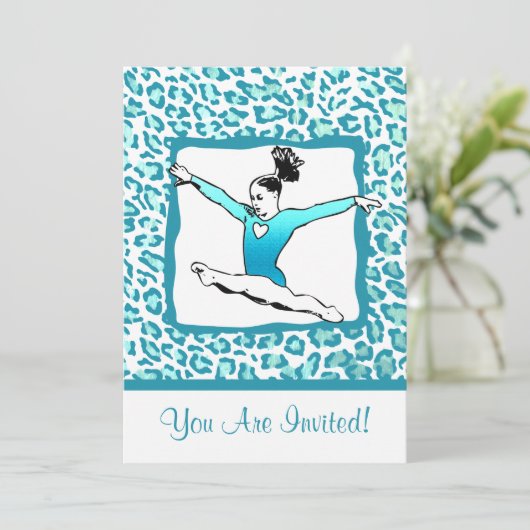 Cheetah Print Gymnastiek - turquoise Uitnodiging (Staand voorkant)