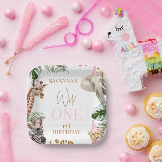 Cheetah Print Meisjes Safari Wild Een 1e Verjaarda Papieren Bordje (Feest)