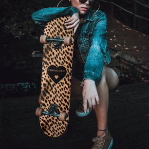 Cheetah Print Patroon Tan Brown & Black Heart Persoonlijk Skateboard