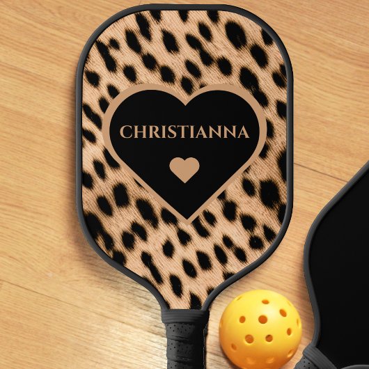 Cheetah Print Patroon Tan Brown & Black Heart Pickleball Paddle