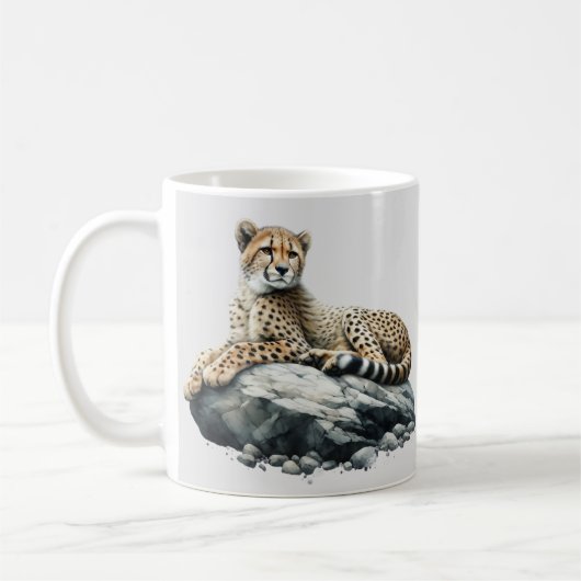 Cheetah rust op een rots koffiemok (Links)