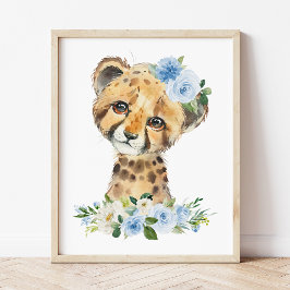 Cheetah, Safari, Oerwoud, Blue Flowers, Boy Nurser Foto Afdruk