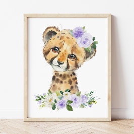 Cheetah, Safari, paarse bloemen, genderneutraal Foto Afdruk