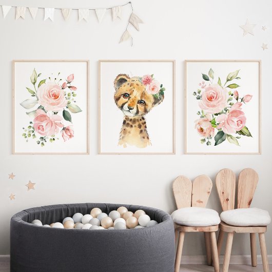 Cheetah, Safari, roze bloemen, meisjessery Muurkunst Sets