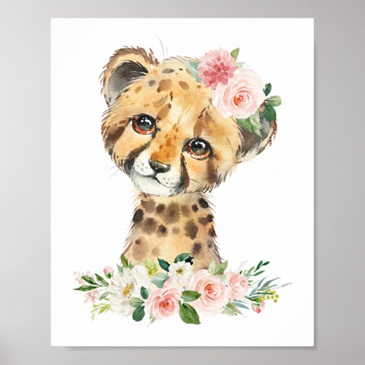 Cheetah, Safari, roze bloemen, meisjessery Poster (Voorkant)