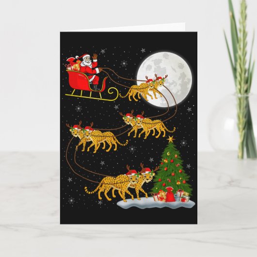 Cheetah Santa Sleigh Flying Funny Magical Christma Kaart (Voorkant)