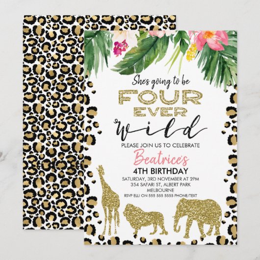Cheetah Skin Four Ever Wild verjaardagsuitnodiging Kaart (Voorkant / Achterkant)