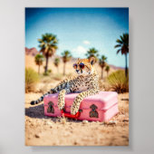 Cheetah Travel Print, Retro Desert Wall Art, Roze Poster (Voorkant)